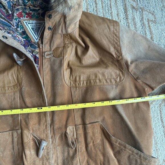 Vintage Brown Suede & Leather Fur Hood Parka 90s Streetwear Cabincore Jacket L - Picture 13 of 16